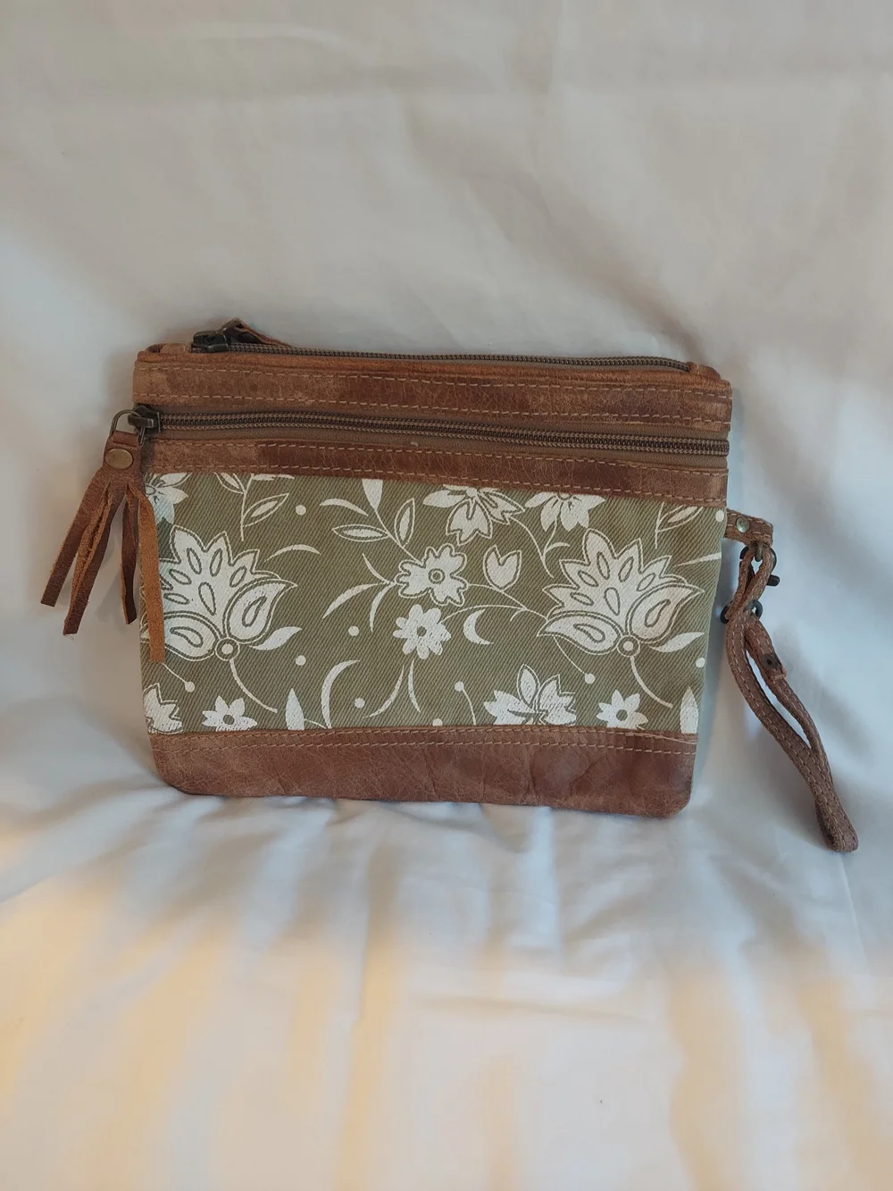 Myra Bag Green N Tan Canvas Leather Wristlet Pouch Floral Boho